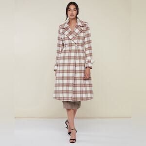Rachel Parcell Coat Women's Medium Brown/White Plaid Belted Tailored Overcoat